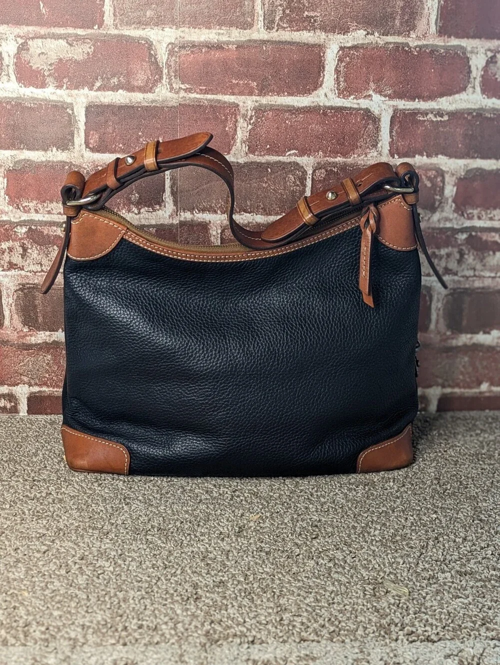 Dooney Bourke Pebble Grain Hobo Shoulder Bag Black Leather Tan Trim